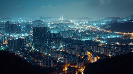 Fototapeta premium A bustling cityscape at night lit up entirely by renewable energy