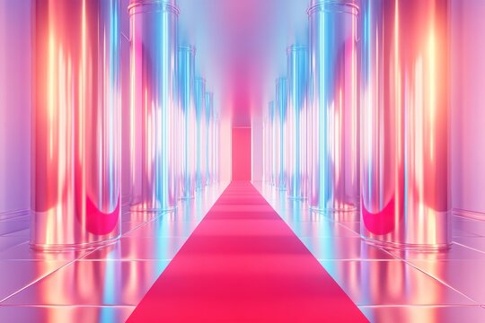 This luxurious red carpet setup features chrome pillars and glowing pastel edges, enhanced by holographic lighting effects. The modern design offers ample space for text overlays
