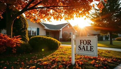 Home with "For sale" sign on the front lawn in sunny autumn