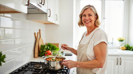 Elderly woman smiling while stirring vegetable soup in bright kitchen, joy