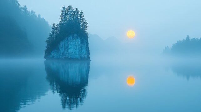 Serene sunrise over misty lake with island reflection. - Powered by Adobe