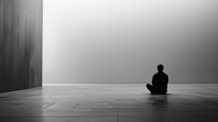 A man sits on the ground in a quiet, empty room. The room is dimly lit and the man is wearing a hoodie. AI generated.