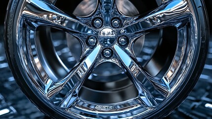 A close-up of a shiny chrome-plated alloy wheel.
