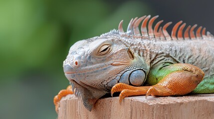 Fototapeta premium Colorful green iguana resting its head on a wooden post with eyes closed in soft natural light.