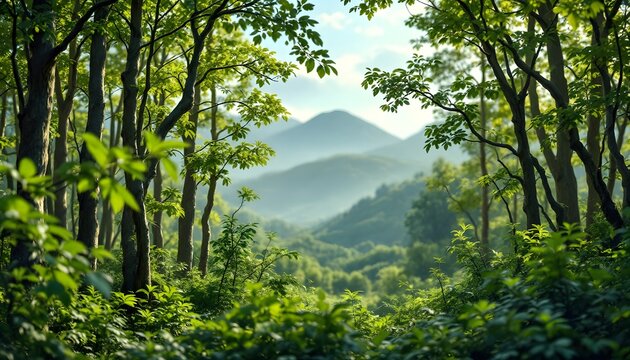 Serene Green Forest Mountain View Landscape