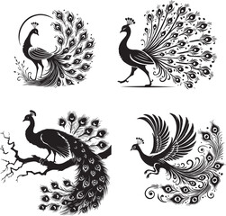 Peacock Silhouettes: Fanned Tail Peacock, Walking Peacock, Perched Peacock, Preening Peacock, Black-and-White Elegant Wildlife Designs, Vector Art for Nature and Design