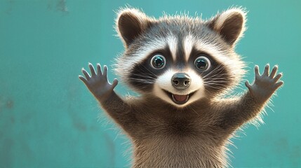 Fototapeta premium A cartoon-style raccoon with its arms raised and a cheerful expression on its face.