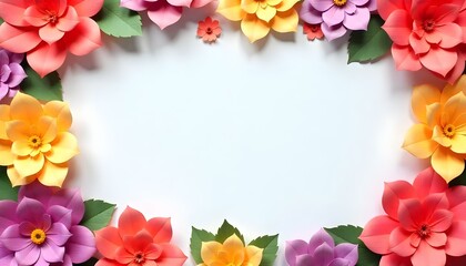 Fototapeta premium Frame made of colorful paper flowers with empty copyspace in the center