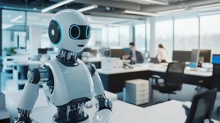 AI-powered robotic assistants helping in a bustling corporate office, modern workplace with automated administrative support, Office Automation style
