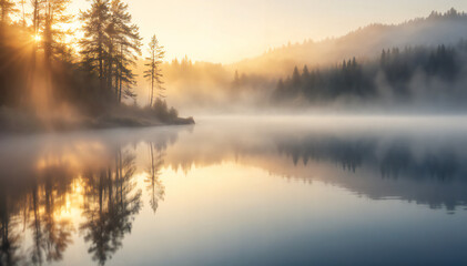 a serene lake scene with trees and mountains under a misty sky at sunrise. The tranquil water reflects the landscape creating a mirror-like image