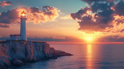 a serene and majestic scene of a lighthouse standing tall on a rocky cliff overlooking the vast ocean as the sun sets behind it.