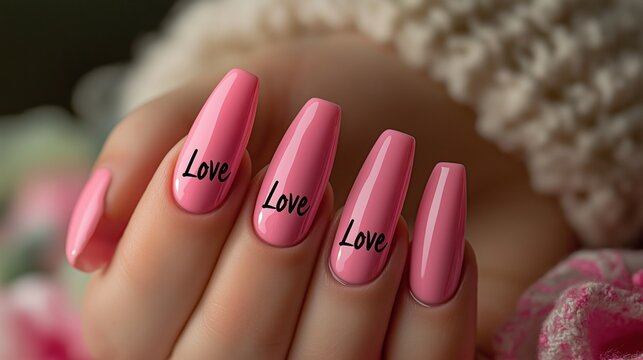 Fototapeta Beautiful pink nails with love inscriptions in a cozy setting