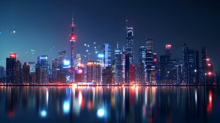 Obraz premium A bustling smart city skyline at night with glowing neon lights illuminating the cityscape, creating a mesmerizing spectacle of urban life