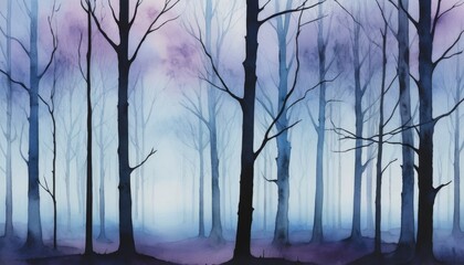 Obraz premium Delicate watercolor strokes create a serene atmosphere filled with silhouetted bare trees against a soft, twilight background, evoking a peaceful woodland setting.