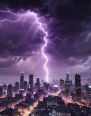 Obraz premium An electrifying view of purple lightning striking over a city skyline, striking, dramatic