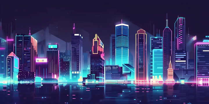 Pixel art retro wave. panorama of big city. wide banner. Space for text. neon cyberpunk digital 8 16 32 64 bit painting. poster, flyer, banner, email, header, social media post. Generative Ai content	