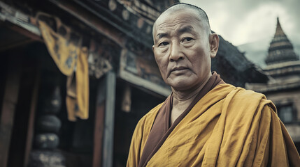 Fototapeta premium Wise Monk Wearing Traditional Robes Standing in Heritage Architecture : Generative AI