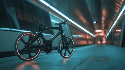 Fototapeta premium Futuristic Electric Bicycle in Neon-Lit Subway Station