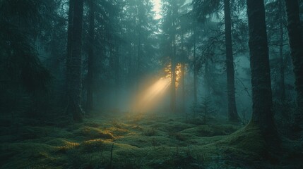Obraz premium Mystical Forest Sunrise: Ethereal light pierces through a misty, ancient forest, illuminating a vibrant green mossy floor. A captivating scene of tranquility and mystery.