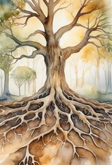 Intricate bare tree silhouettes rise against a soft background, showcasing detailed roots and a calming atmosphere typical of a forest at dusk, capturing nature's stillness.