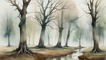 Watercolor illustration of silhouettes of barren trees reflected in a calm stream, set in a misty environment that evokes tranquility and a sense of solitude.