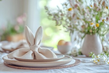 Celebrate Easter with a stylish table setting featuring bunny-shaped napkin folds in neutral tones, complemented by muted ceramic plates and a backdrop of vibrant spring flowers