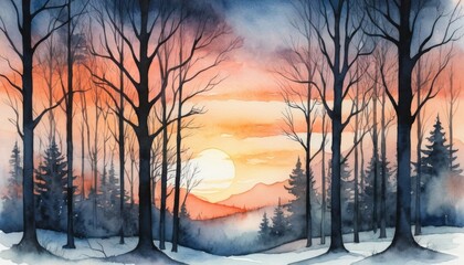 A stunning watercolor captures the silhouettes of bare trees framed by a beautiful sunset.