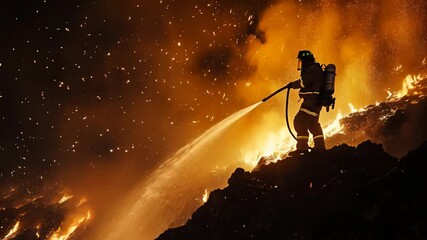 Flames dance fiercely as a dedicated firefighter confronts the blaze, spraying water in a heroic effort to control the wild fire on a dark night filled with glowing embers. concept of wildfires