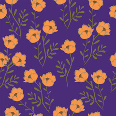Seamless floral pattern, artistic ditsy print with vintage motif. Elegant botanical design with simple hand drawn plants: small white flowers, leaves on a black background. Vector illustration