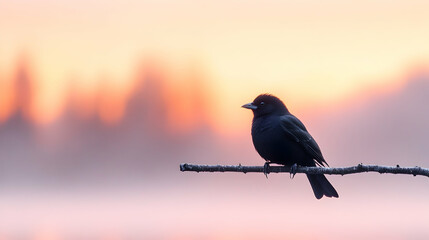 Bird perched on branch at sunrise, misty background, peaceful nature scene, ideal for nature calendars