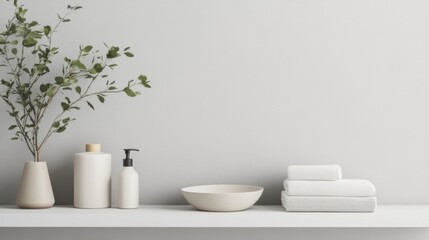 a bathroom with a white shelf and a white bowl