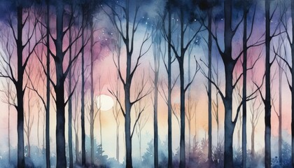Watercolor artwork features bare tree silhouettes set against a twilight background filled with soft pastel hues and a glowing moon, creating a tranquil night atmosphere.