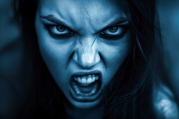 Fototapeta premium Fierce expression of angry young woman with intense gaze in blue light
