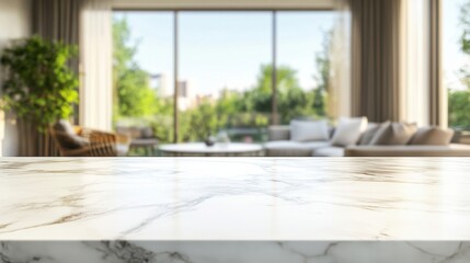 a marble table top in front of a living room window