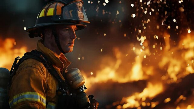 Firefighters battle fierce flames amidst a backdrop of devastation, showing unwavering dedication and heroism in the face of danger during a dramatic wildfire incident