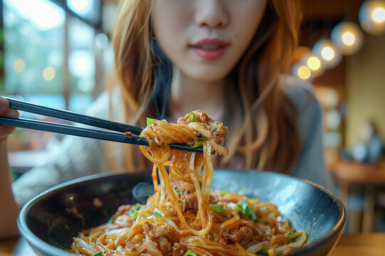 Young woman enjoying delicious stir-fried noodles in cozy restaurant setting - Powered by Adobe