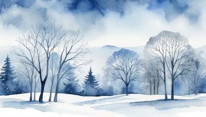 Silhouettes of bare trees stand against a tranquil winter backdrop, with gentle shades of blue and white creating a peaceful atmosphere. Fresh snow blankets the ground, enhancing the calm.