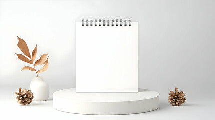 Blank spiral notepad mockup on white podium with autumnal decor, minimalist studio background. Perfect for branding & design presentations