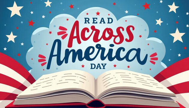 Joyful banner for National Read Across America Day featuring an open book with a festive design, highlighting the importance of literacy and education.