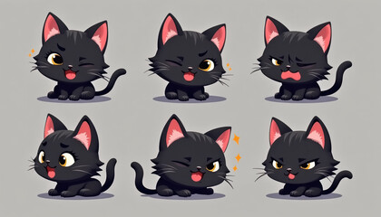 An engaging collection of black cat illustrations, highlighting various emotions and expressions, ideal for whimsical creative projects.
