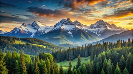 Obraz premium A stunning mountain landscape at sunrise with snow-capped peaks and a vast expanse of green forests, landscapes, outdoor photography, natural scenery, snow, sunrise