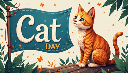 Naklejka premium Charming illustration for National Cat Day in Russia featuring an orange tabby kitty surrounded by greenery on a vibrant banner.
