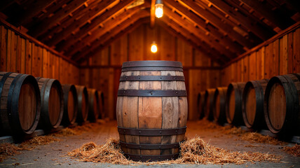 Vintage wine barrel in rustic barn interior, warm ambiance