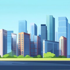 City buildings vector flat cartoon background for web banner, business center, or shopping mall with glass windows and modern architecture buildings on a street road in a sunny day
