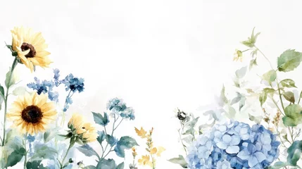 Fototapeten Watercolor painting of sunflowers and hydrangeas. © SlashStd