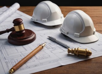 A hard hat and judges gavel on a detailed blueprint