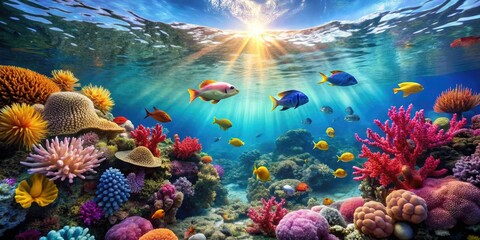 A stunning underwater scene with colorful coral and fish surrounded by crystal clear water, ocean, natural, fish, beauty