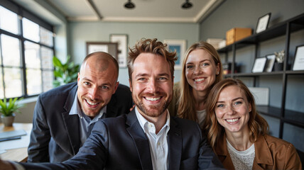 Obraz premium Group of coworkers smiling while taking a selfie in modern office, teamwork