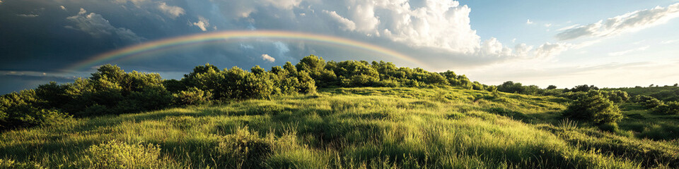 Fototapeta premium Grassland Hill with Rainbow and Trees