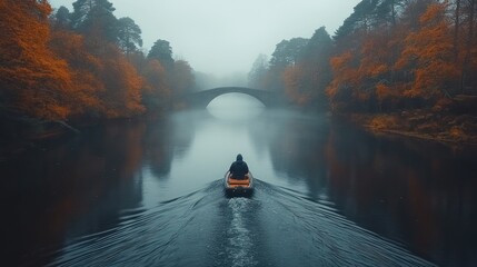 Fototapeta premium Solo autumn canoeing, misty lake, arched bridge